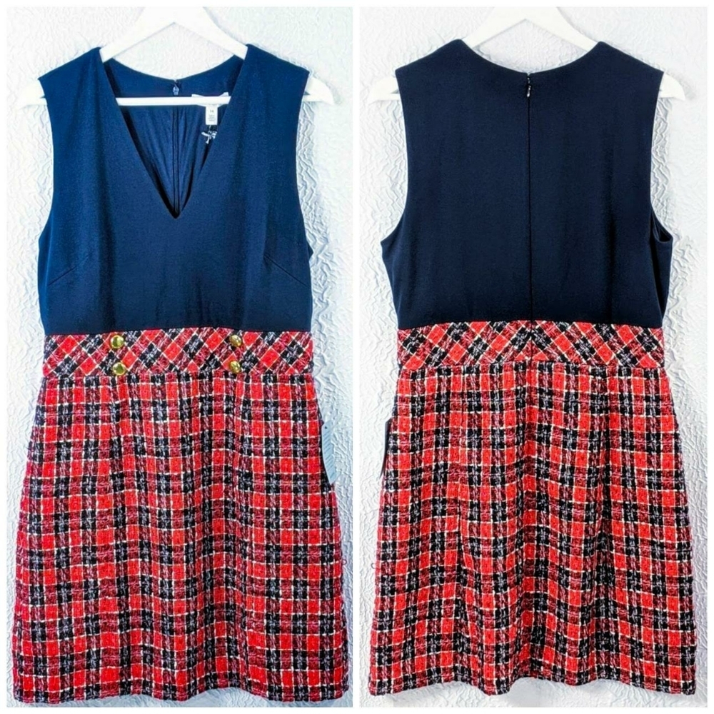 1901 Plaid Mixed Media V-Neck Sleeveless Dress